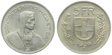 5 Franken 1937 B - vorzüglich